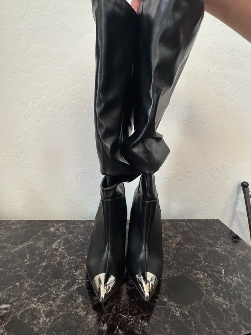 Black Over-the-Knee Boots with Silver Pointed Toe